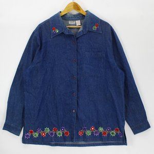 Vintage Regarde Shirt Women's Plus Blue Denim Button Down Floral Embroidered 2X